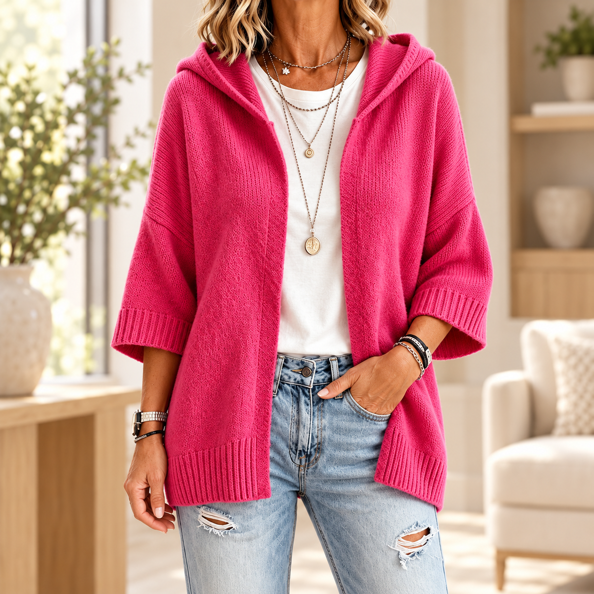 Women's 3/4 Sleeve Hooded Knit Cardigan