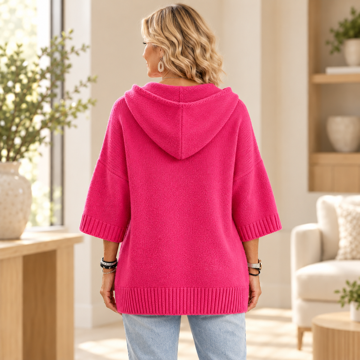 Women's 3/4 Sleeve Hooded Knit Cardigan
