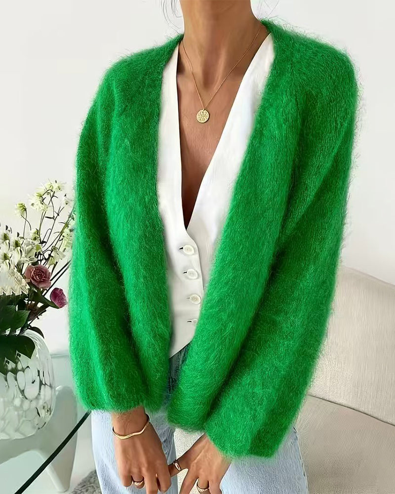 Mohair-Blend Dropped Shoulder Open-Front Cardigan