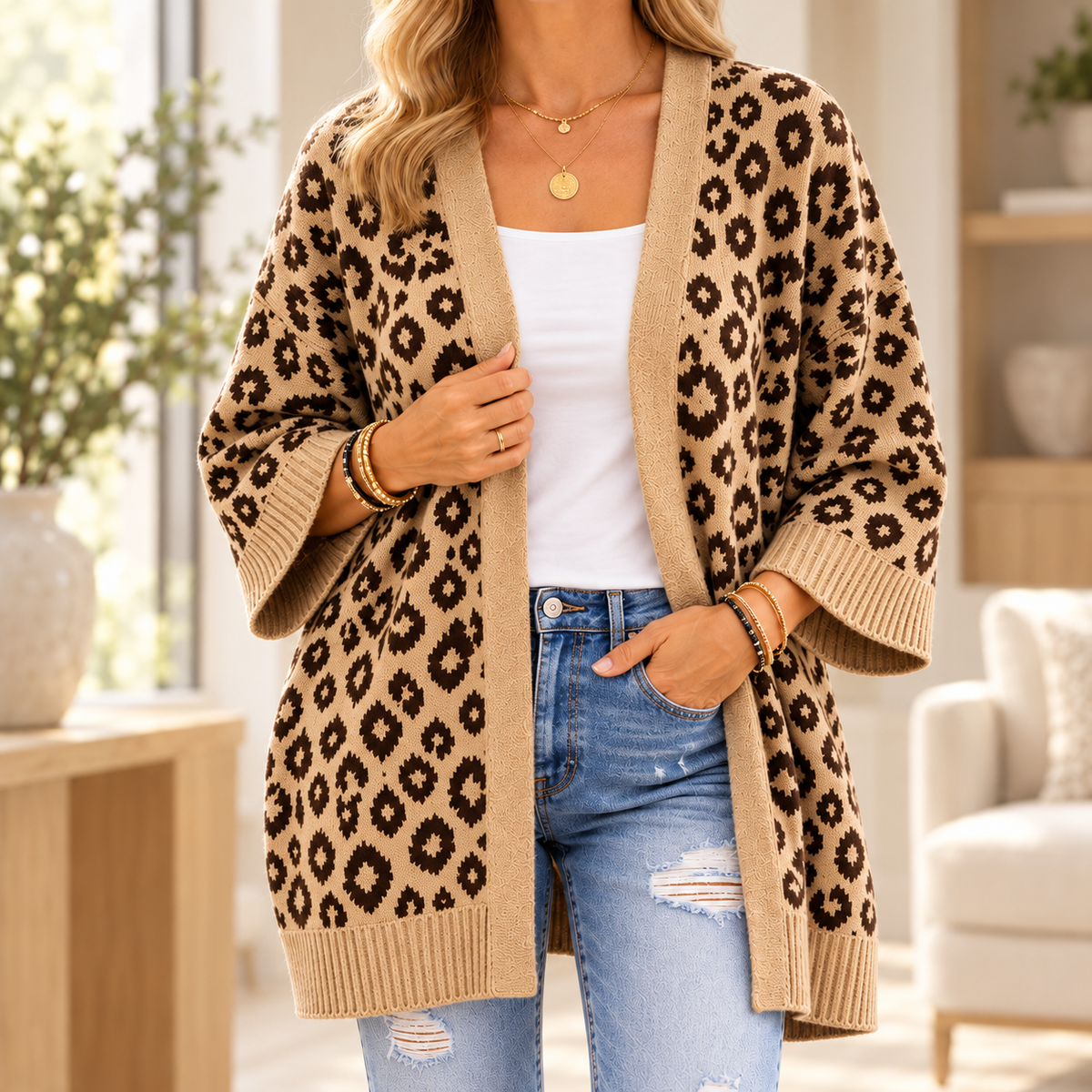 Elegant women's cardigan with leopard print