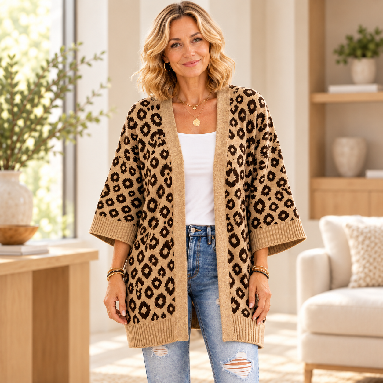 Elegant women's cardigan with leopard print