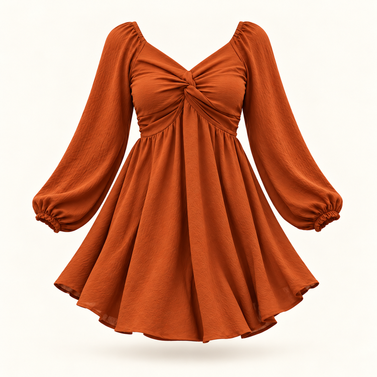 Rust-orange Autumn Belle Dress with twist-front neckline and balloon sleeves
