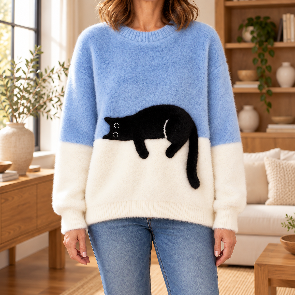 Bonnie light blue cat print oversized sweater – front view
