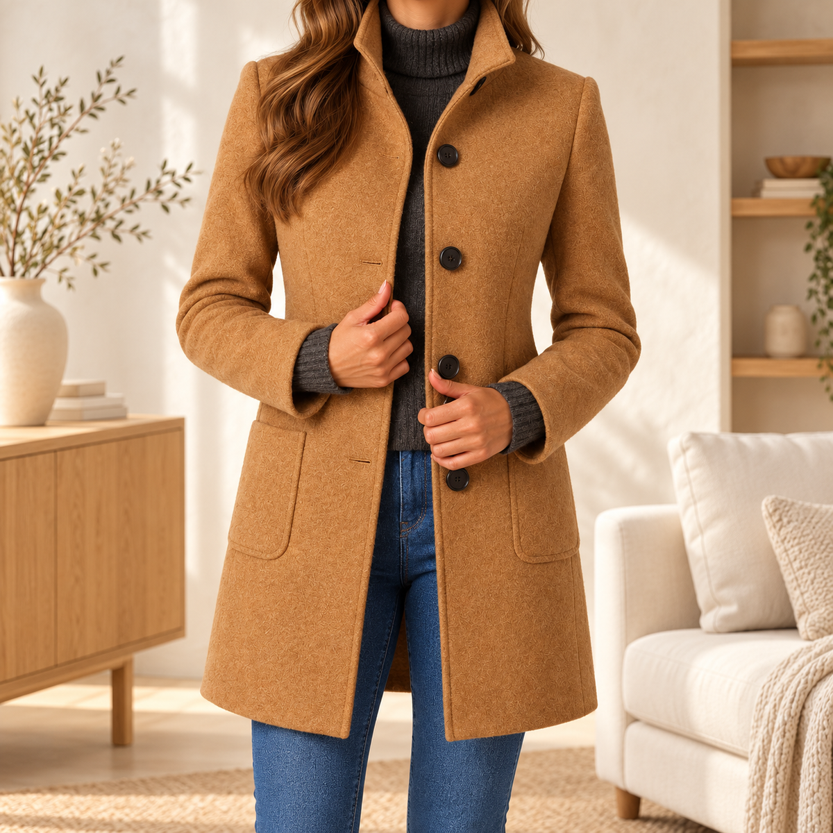 Clara camel coat — no-face in warm ivory interior