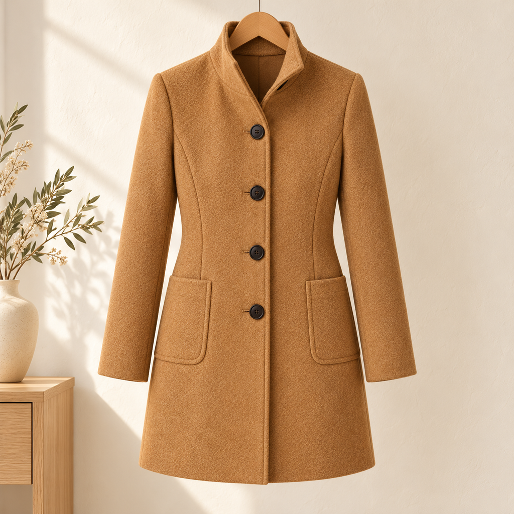 Clara camel coat — product in warm ivory interior