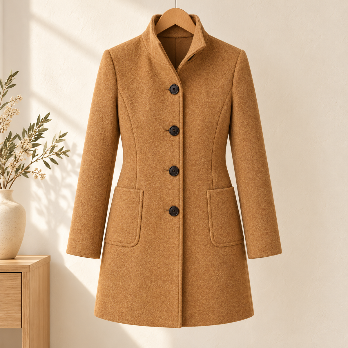 Clara camel coat — product in warm ivory interior