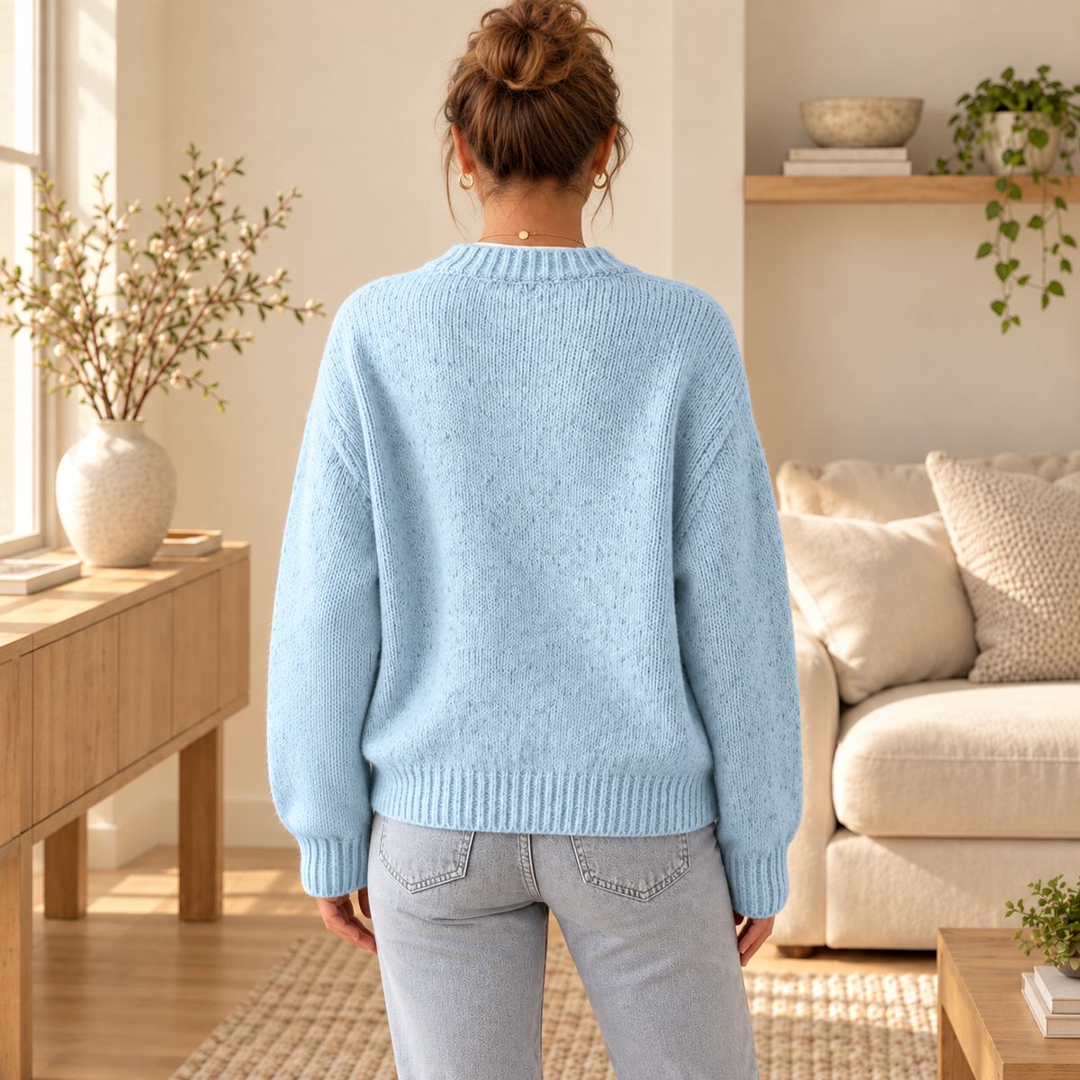 Clear blue chunky melange cardigan — back in warm ivory interior