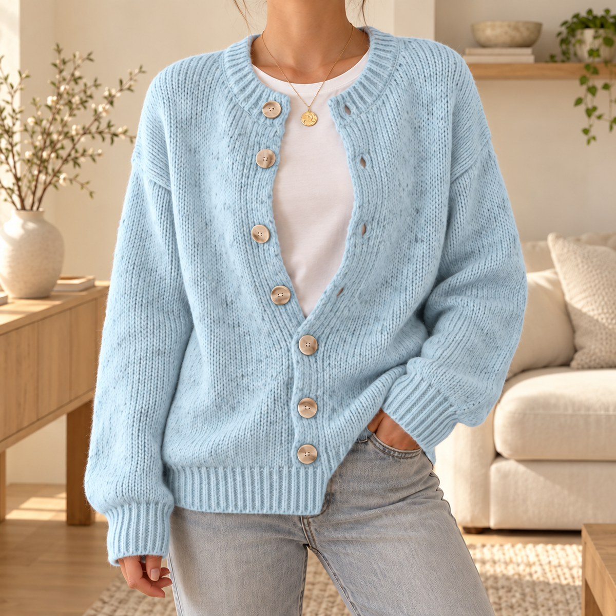 Clear blue chunky melange cardigan — no-face in warm ivory interior