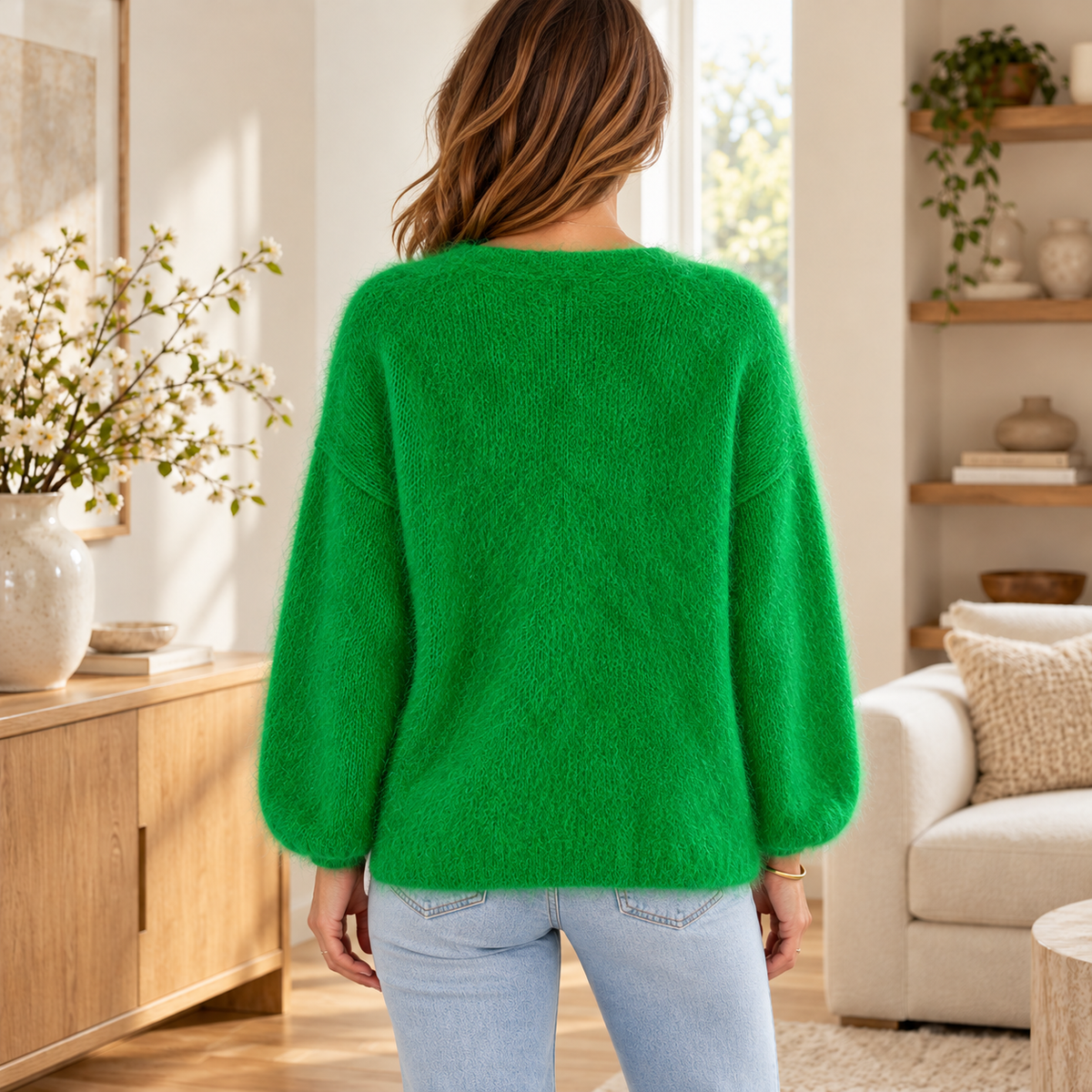 Green mohair-blend open-front cardigan — back
