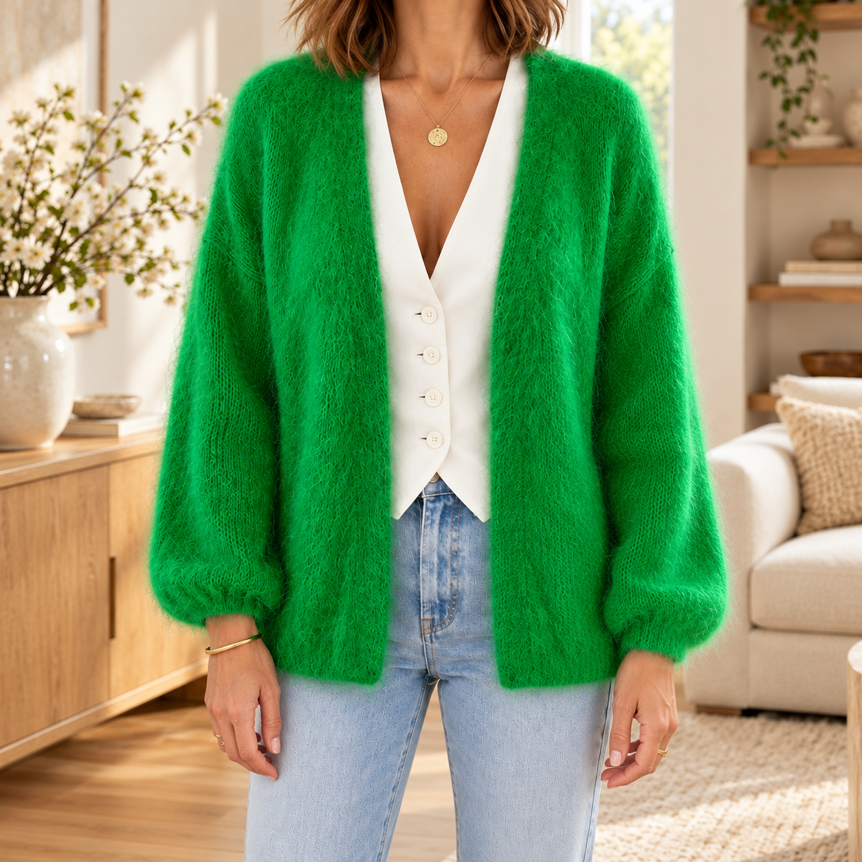 Green mohair-blend open-front cardigan — front cropped