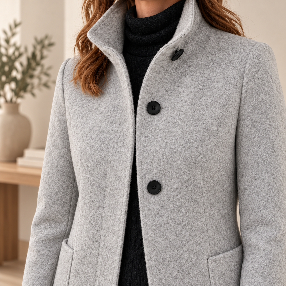 Rachael gray longline button-front coat — collar detail in warm ivory and oak setting