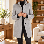 Rachael gray longline button-front coat — front cropped in warm ivory and oak setting