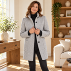 Rachael gray longline button-front coat — front with face in warm ivory and oak setting