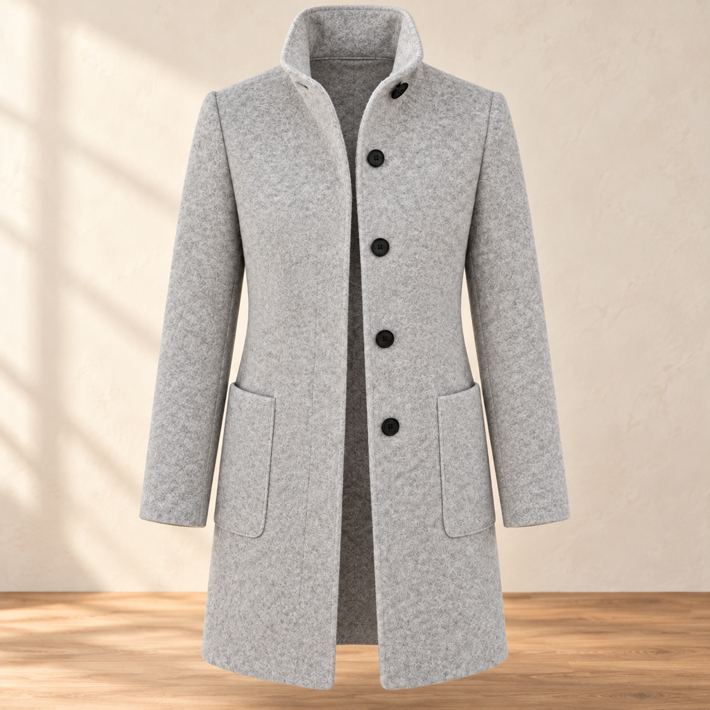 Rachael gray longline button-front coat — standalone in warm ivory and oak setting