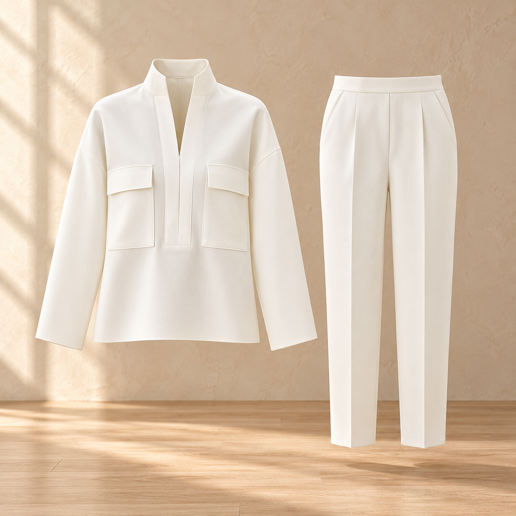 White stand-collar shirt and cropped pants set — product warm