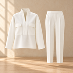 White stand-collar shirt and cropped pants set — product warm